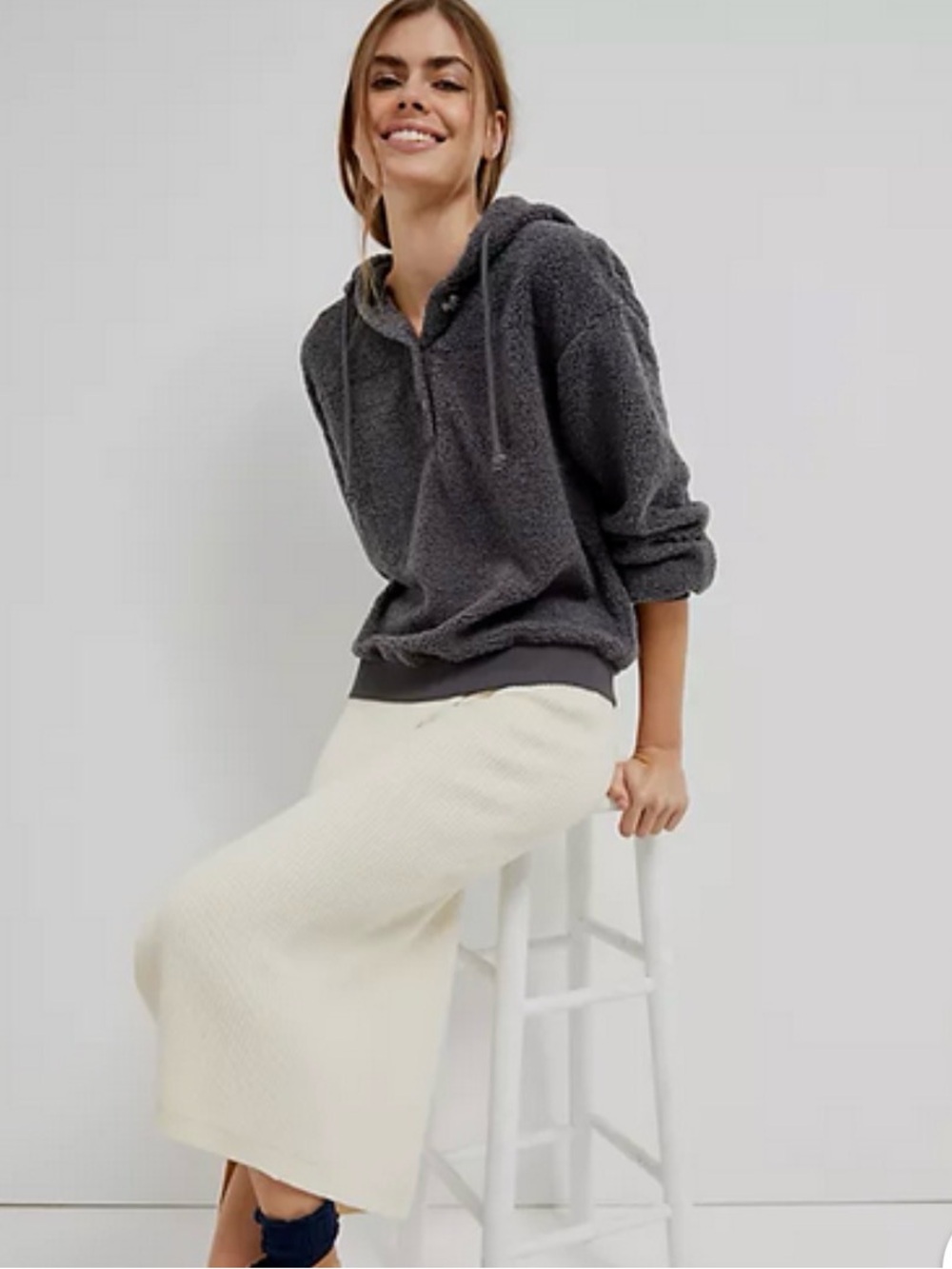 CURRENT AIR Anthropologie Plush Sherpa Henley Hoodie Charcoal Grey Women XS